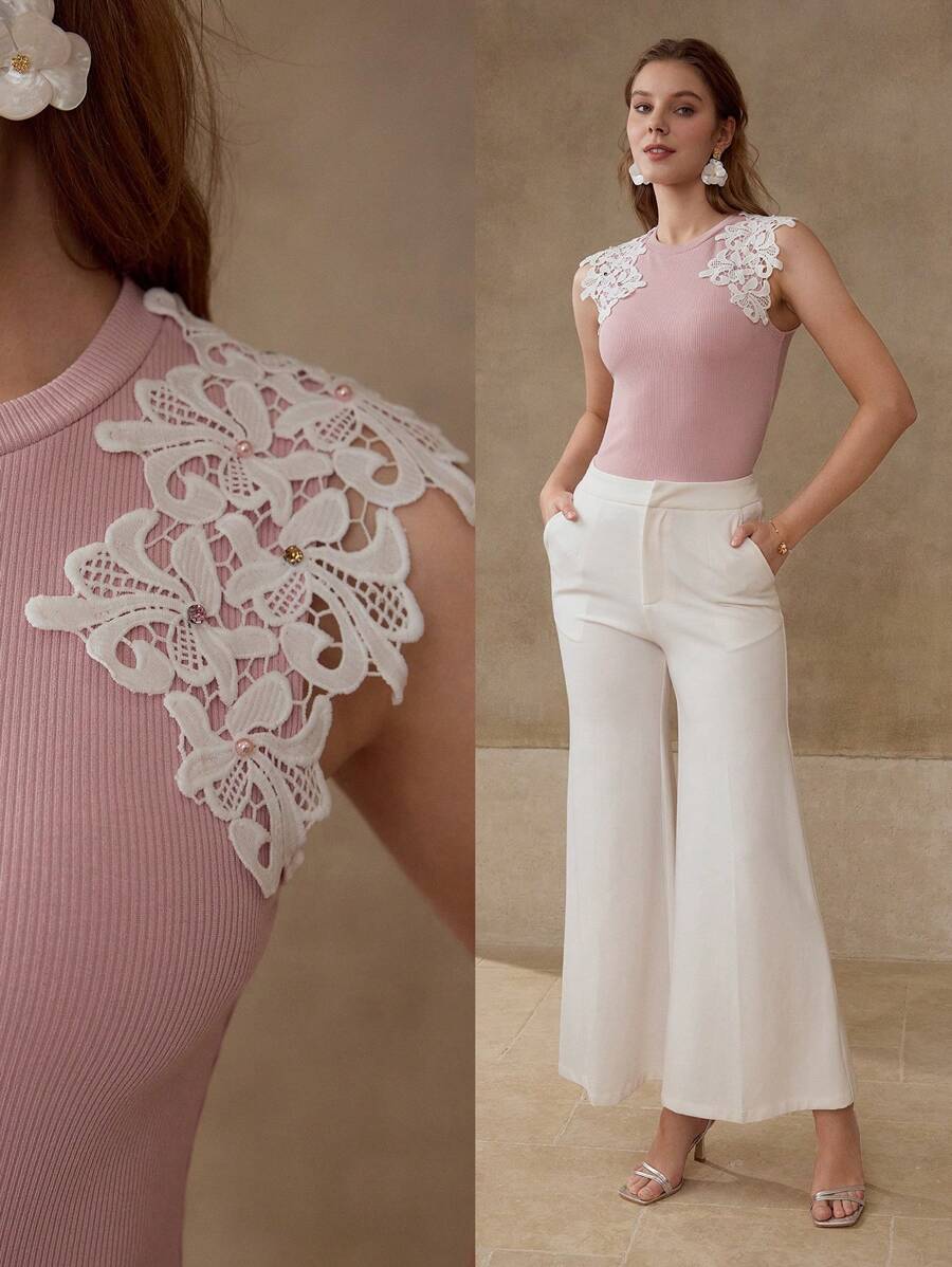 MOTF PREMIUM TOP DE TIRANTES DE ENCAJE GUIPUR CON CONTRASTE - Rosa - Ver 1