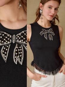 MOTF STUDIO BOW DECOR FRINGE HEM KNIT TOP - Black - View 1