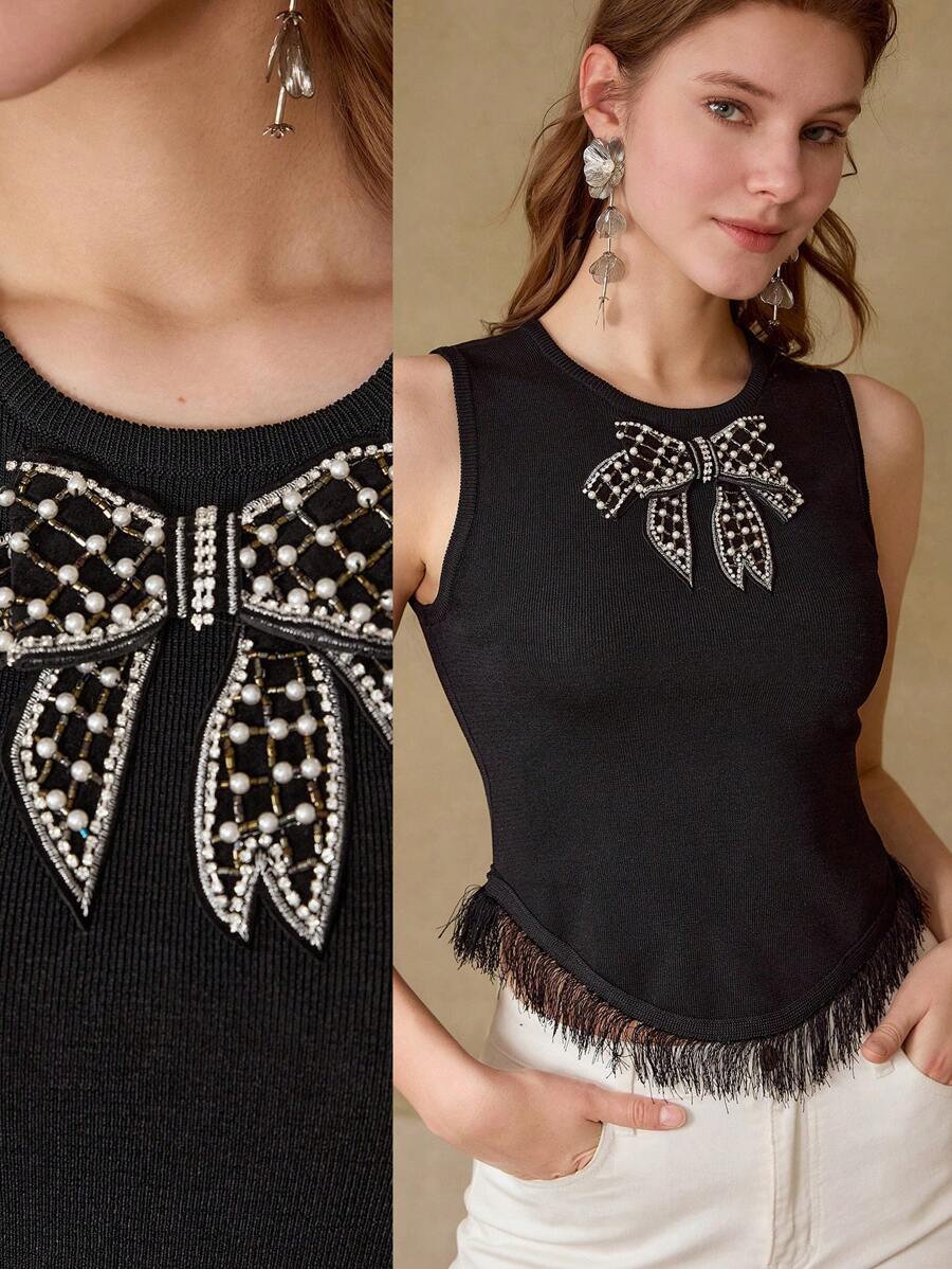 MOTF STUDIO BOW DECOR FRINGE HEM KNIT TOP - Black - View 1