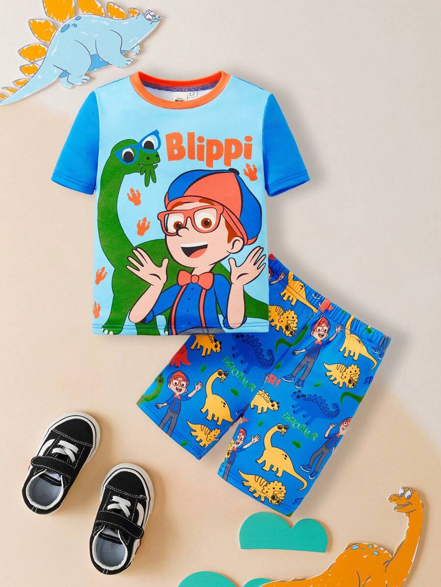 Blippi X SHEIN Jeune garçon Ensemble short et t-shirt manches courtes décontracté confortable pyjama imprimé dinosaure bleu mignon