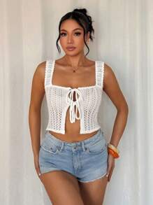 Chiquease Sleeveless Women Hollow Out Knitted Top With Front Bowknot & Square Neck - White - View 6