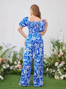 Teen Girls Printed Square Neck Puff Sleeve Jumpsuit - Blue - View 2