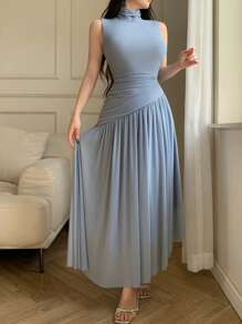 Modelyn Vestido midi de unicolor con cuello alto, mangas sin mangas y fruncido para mujer - Azul - Ver 6