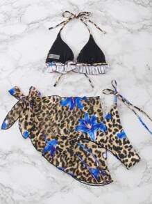 Set da bagno composto da 3 pezzi: 1 bikini con lacci su spalla, petto e fianchi, e 1 vestito da spiaggia in tessuto a rete con volant, adatto per primavera, festival boho