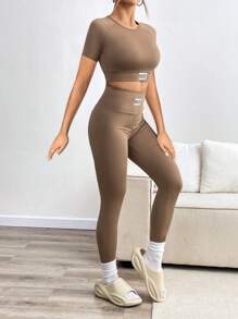 INAWLY 2pcs/Set Women Letter Print Cropped Top And Leggings - Coffee Brown - View 3