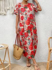 EMERY ROSE Vestido de cuello redondo con estampado floral vintage elegante francés; Vestido de cintura alta nuevo 2025 que disimula la gordura y rejuvenece; Vestido largo holgado con estampado floral; Vestido casual de estilo vacacional adelgazante; Vestido midi de corte evasé con cinturón, volantes y estampado floral para el verano; Vestido de estilo francés para vacaciones, nuevo vestido corto de manga corta holgado para el verano - Rojo - Ver 5