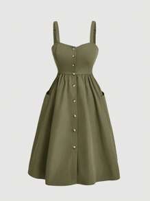 SHEIN MOD Plus Size Summer Casual Solid Color Front Button Pocket Strap Dress - Army Green - View 1