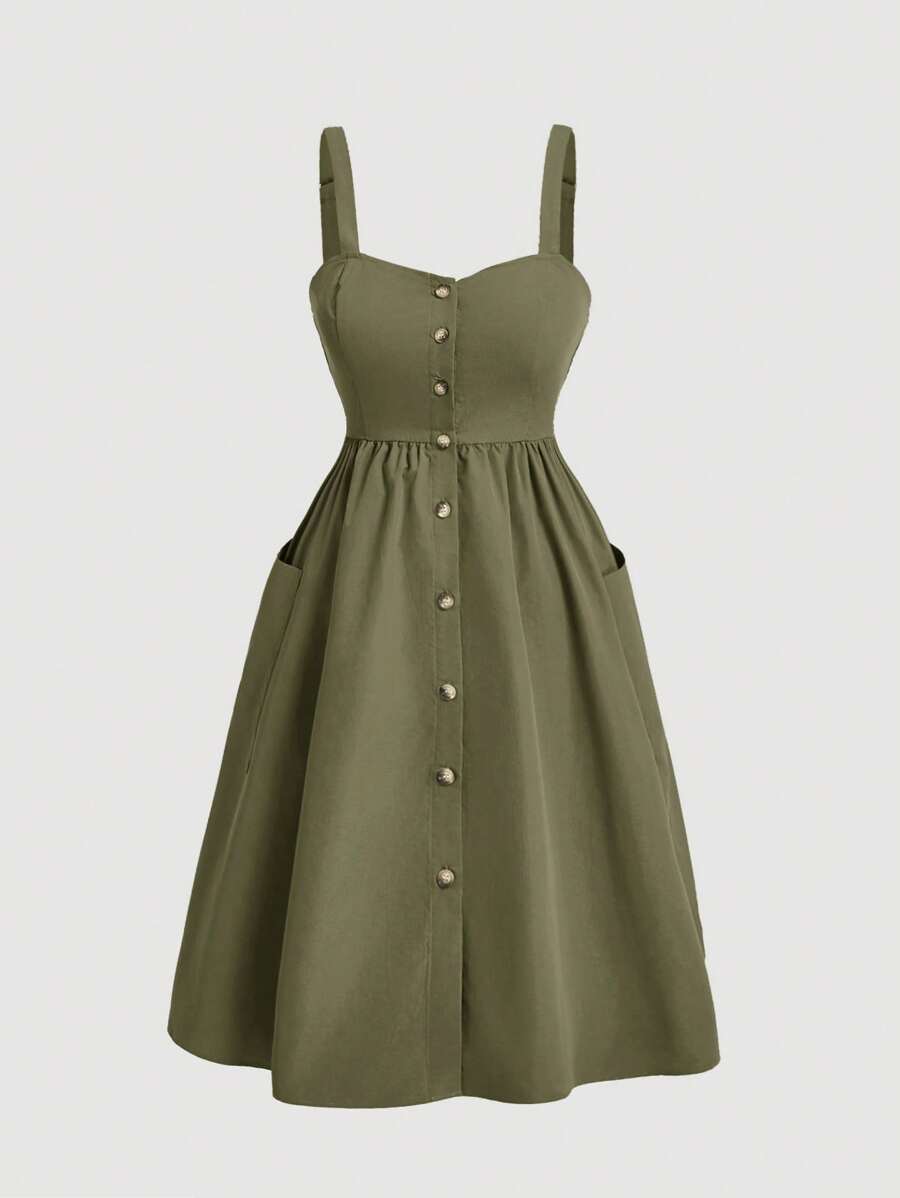SHEIN MOD Plus Size Summer Casual Solid Color Front Button Pocket Strap Dress - Army Green - View 1