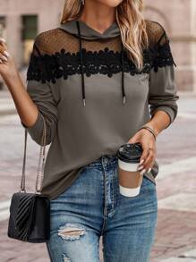 SHEIN LUNE Women Patch Decor Mesh Splice Drawstring Hoodie Sweatshirt - Coffee Brown - View 5