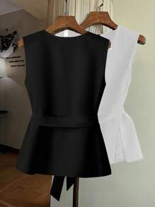 SHEIN Clasi 女士纯色缺口 V 领无袖衬衫 - 黑色 - 查看 2