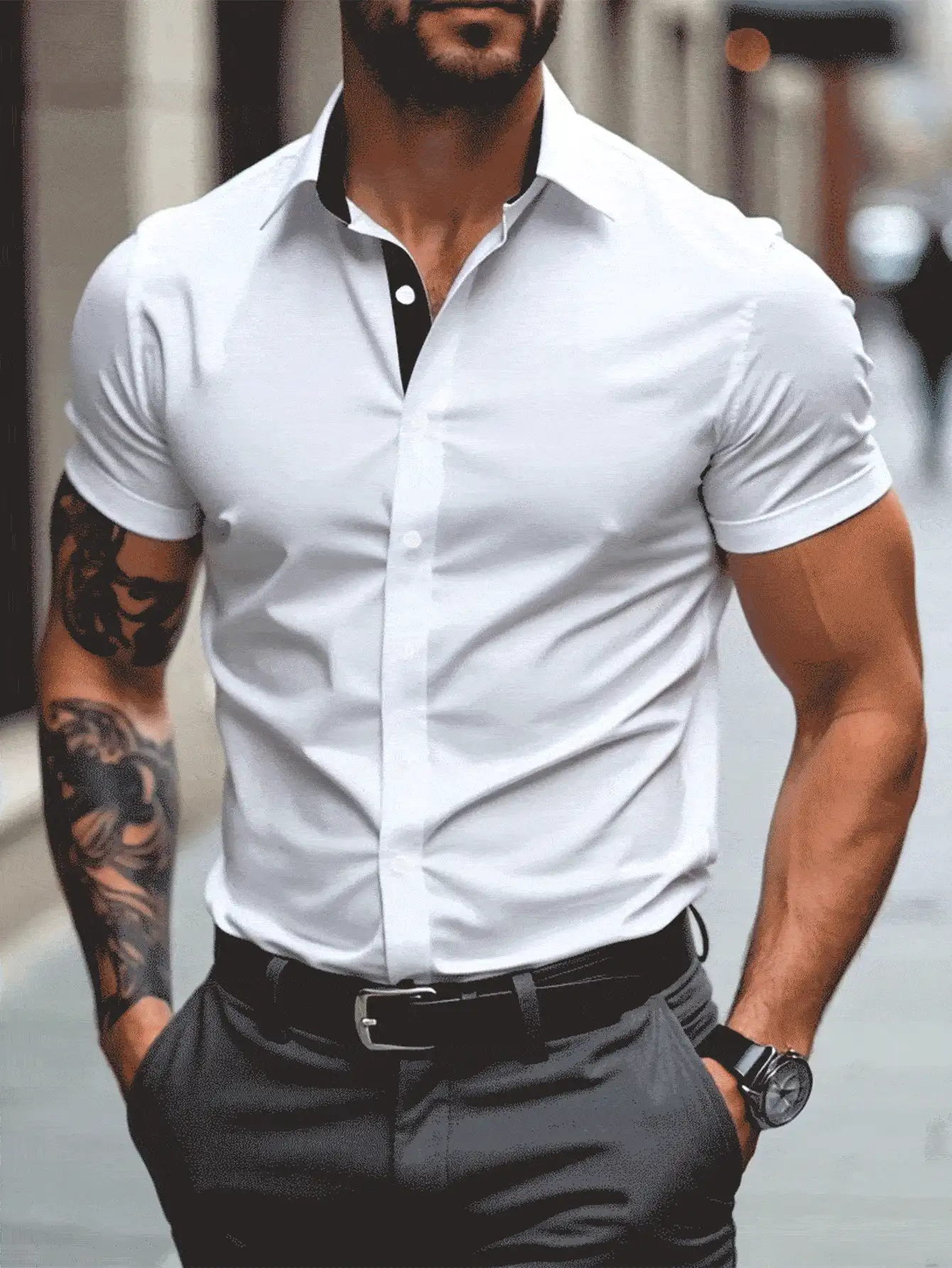 Áo sơ mi nam tay ngắn cài khuy đơn màu tương phản thường ngày Manfinity Mode dành cho nam, ngày lễ tình nhân nam, quà tặng bạn trai, ngày lễ tình nhân nam, quà tặng bạn trai, áo sơ mi tay ngắn, áo sơ mi nam cài nút, áo sơ mi nam màu trắng - trắng - Xem 3