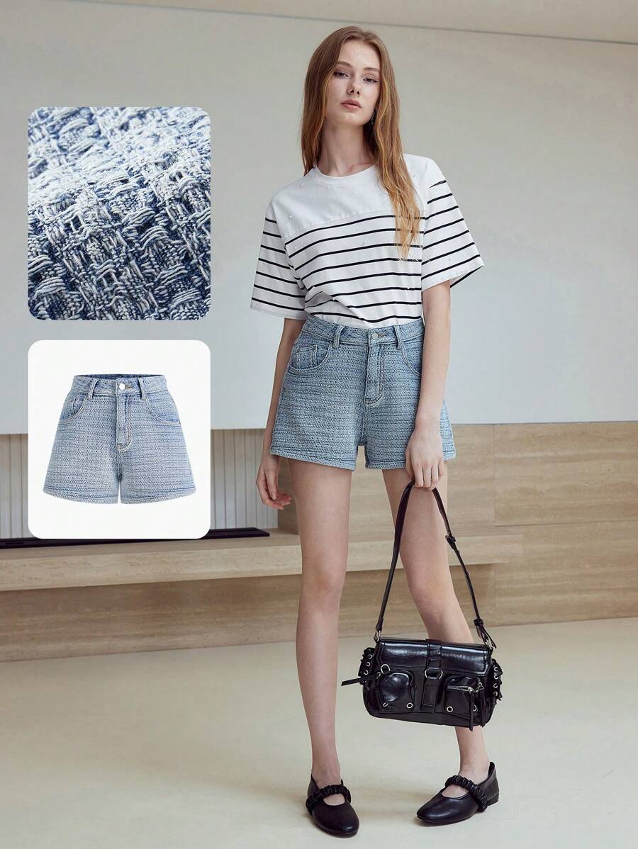 MOTF STUDIO Pantalones cortos vaqueros con bolsillo en ángulo y botones - Azul - Ver 1