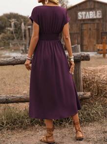 EMERY ROSE Vestido midi de manga abullonada con escote cruzado, cintura fruncida y espalda retorcida en estilo bohemio occidental casual para primavera/verano de mujer