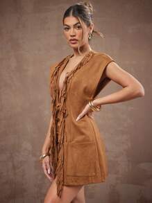 Hauture Chaqueta regular con flecos y cordón para mujer - Marrón - Ver 3