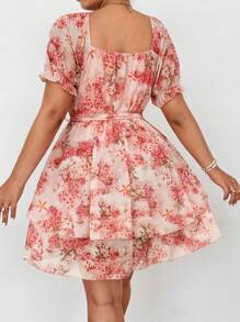 Flirla Plus Size Floral Print Cross Neck Chiffon Elastic Waist A-Line Long Sleeve Dress