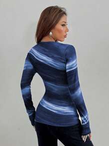 Calvaya Camiseta de manga larga con hombros oblicuos y estampado degradado elegante para mujer, blusas gráficas para atuendos de primavera