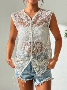 Chiquease 度假休闲欧根纱刺绣无袖衬衫 - 杏色 - 查看 4