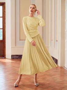 ZEYLAH 女士优雅纯色褶皱下摆连衣裙