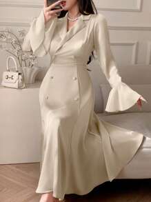 DAZY Satin Solid Color Business Casual Slim Fit Flare Sleeve Ruffle Trim Patchwork Mid-Length Dress For Women Elegant,Formal Women Dresses - Beige - View 2