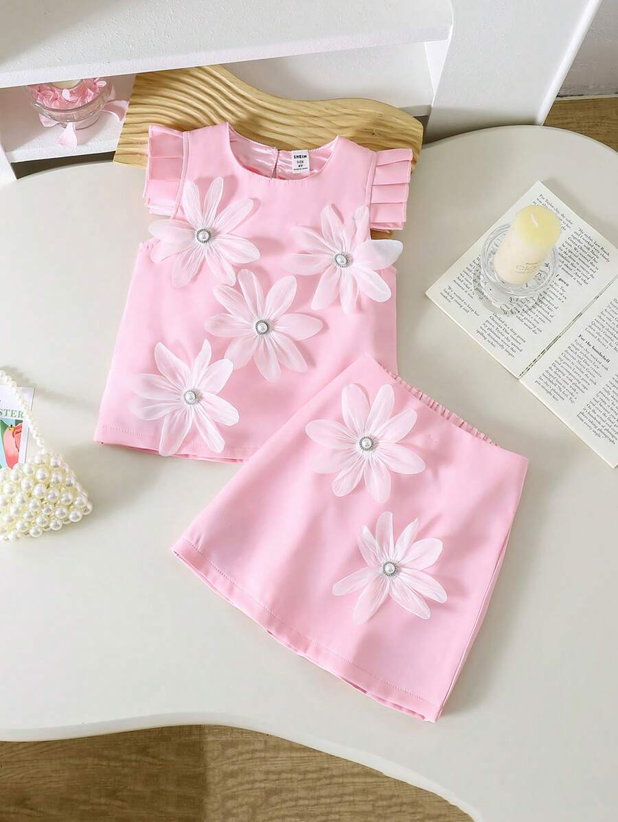 2 Pieces Set Young Girl Pearl 3D Flower Decor Ruffle Top & Solid Color Skirt Outfit, Elegant & Princess Style For Summer - Pink - View 1