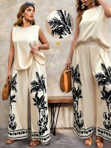 Breezaya Plus Size Women's Deep V-Neck Print Top And High Waist Pants 2 Pieces Set - Multicolor - View 1