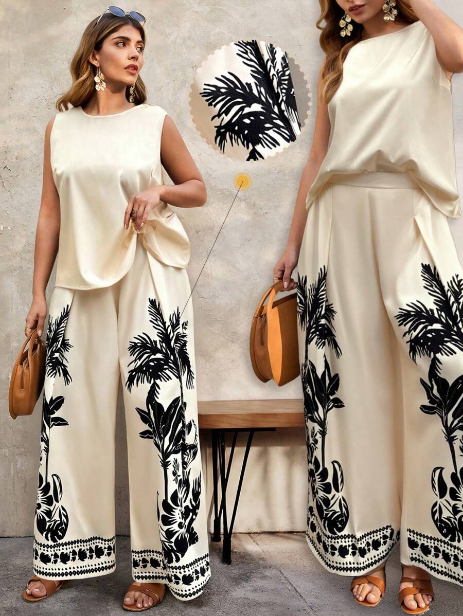Breezaya Plus Size Women's Deep V-Neck Print Top And High Waist Pants 2 Pieces Set - Multicolor - View 1