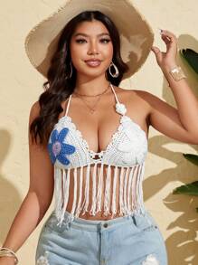 SHEIN Swim Curve Plus Size Women's Handmade Crochet Floral Tie-Up Fringed Cover Up Coverup, Casual Vacation Wear