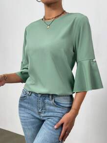 Chiquease Women's Solid Color Round Neck Handmade Beaded Flare Sleeve Shirt