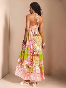 Slaydiva New Spring And Summer Holiday Halter Neck Strap Multi-Layer Splicing A-Hem Loose Rhinestone Retro Pattern Bird All-Over Printed Women's Long Dress-A