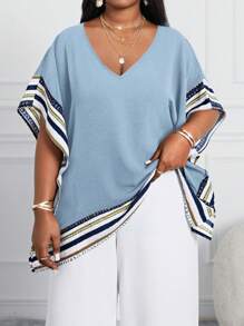 Fleurora 春夏休闲海军蓝编织圆领斗篷袖七分袖大码套装情人节新年女装