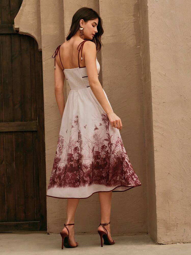 Early Spring Vacation Elegant High Waist Drawstring Strap Sleeveless Printed Dress