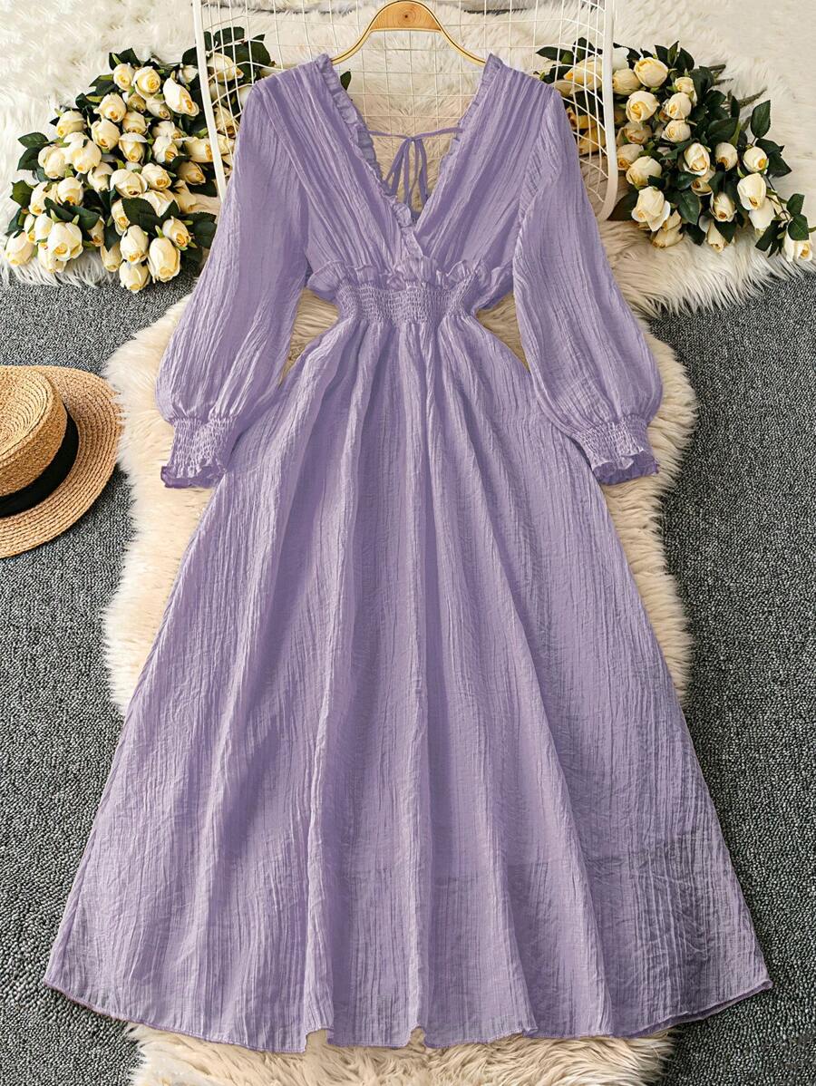 Chiquease 优雅长袖性感 V 领连衣裙