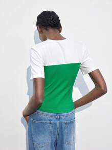 Maija Women's Green & White Color Block Modern Casual Crewneck Fitted Ruched Details Short Sleeve T-Shirt, Versatile Everyday Wear,Fall Women Clothes,European Summer