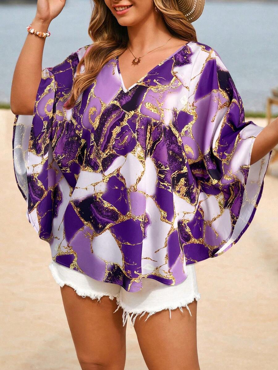 SHEIN VCAY 大码假日休闲大理石印花蝙蝠袖衬衫 - 紫色 - 查看 1