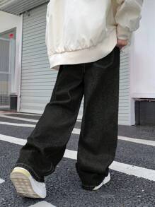 SHEIN Tween Boy Fashion Casual Y2k Basic Loose Comfortable Straight Leg Jeans For Kids Clothes Boys Soft Dailywear And Kids Summer And Spring Clothes - Black - View 2