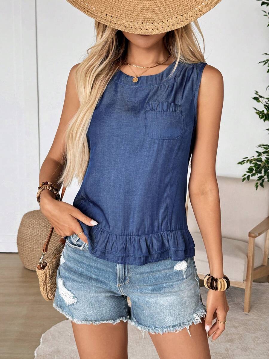 EMERY ROSE 女士度假休闲纯色荷叶边下摆吊带背心