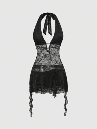 J-Fashion Damen Mode Neckholder Spitze vielseitiges sexy Mini-Kleid