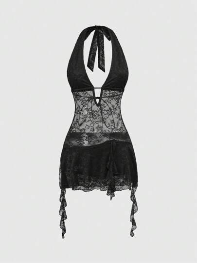 J-Fashion Vestido mini sexy y versátil de mujer con escote halter y encaje