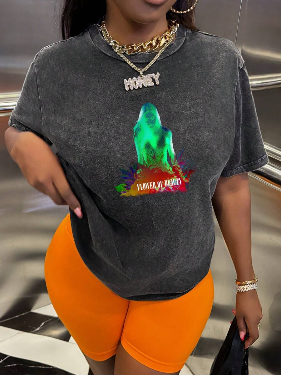 DOMINATE Women Grey Tie Dye Street Style Graphic Print Round Neck Fit Loose T-Shirt, Suitable For Summer, Rave Western Wear