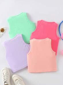 4pcs/Set Young Girl Letter & Leopard Print Round Neck Cute Tank Top - Multicolor - View 2