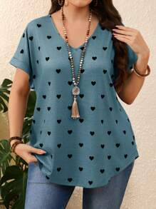 EMERY ROSE 女式加大码心形印花 V 领蝙蝠袖短袖 T 恤，夏季女士，度假女士 - 藍色 - 查看 3