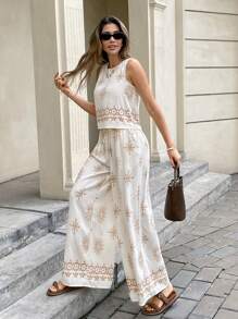 Serisse 女式全身印花圆领无袖上衣和阔腿裤休闲两件套 - 彩色 - 查看 6