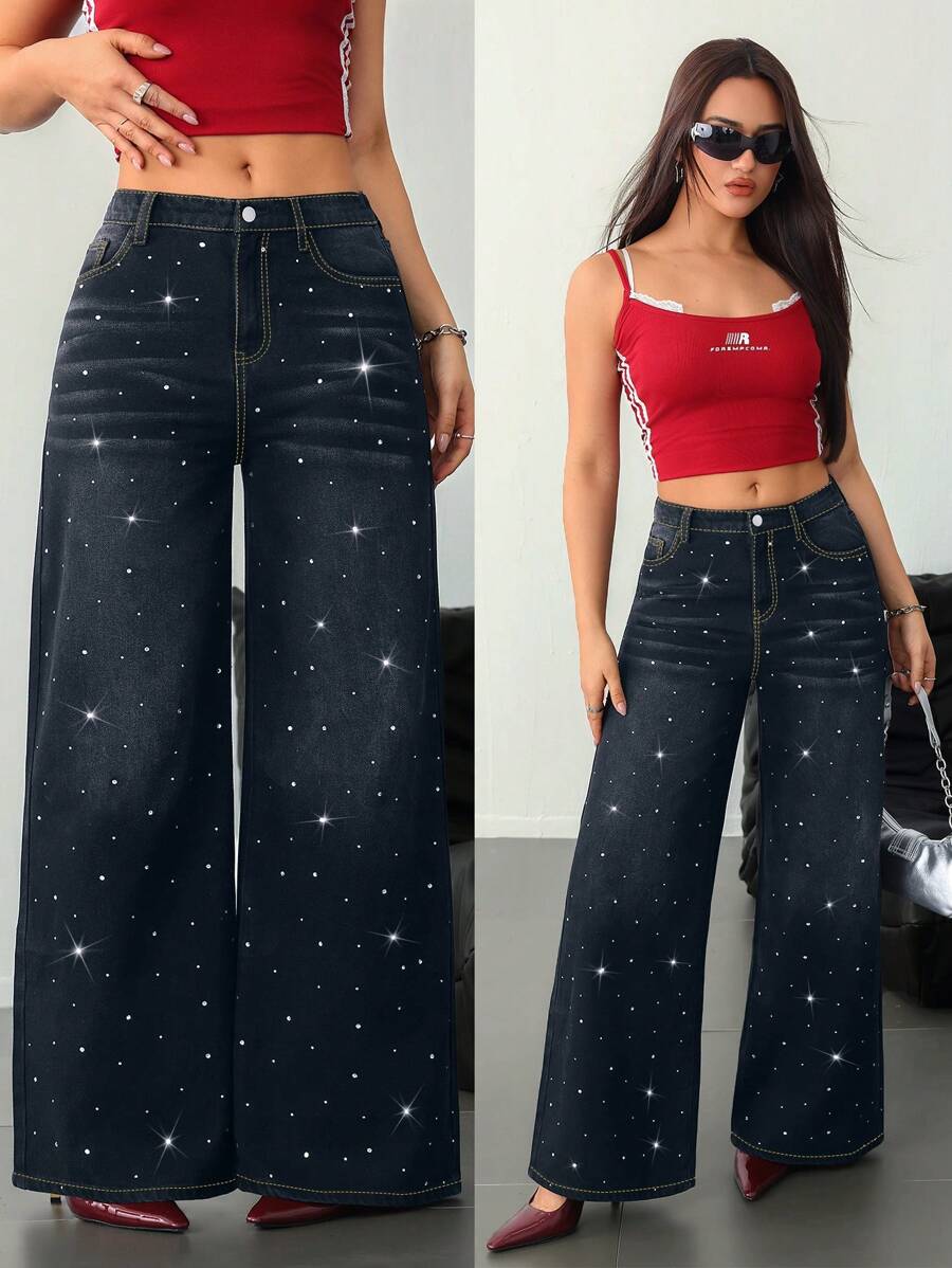 SHEIN EZwear 女士牛仔裤 女式高腰牛仔裤 黑色低腰宽松闪亮水钻牛仔裤 牛仔裤 闪亮牛仔裤 宽松女式牛仔裤 低腰宽松牛仔裤 女式下装 亮片裤 闪光裤 女式高腰裤 - 深色水洗藍 - 查看 1