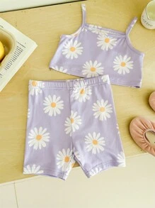 SHEIN 2pcs Baby Girl Floral Print Camisole & Shorts Set - Mauve Purple - View 6