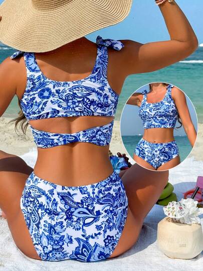 SHEIN Swim Lushore Conjunto de tankini feminino estilo oriental com estampa de cerâmica e alças finas, com top de alça de amarrar e parte de baixo de maiô, férias de verão na praia