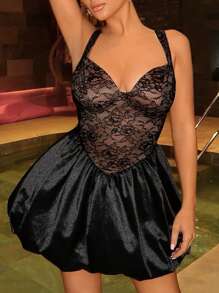 SHEIN SXY 舞会礼服；性感优雅纯黑色蕾丝紧身细肩带迷你连衣裙，芭蕾舞式泡泡袖、泡泡袖、迷你公主裙，适合日常穿着、约会、花园派对、聚会、生日、派对、伴娘、鸡尾酒会礼服、节日 - 黑色 - 查看 3