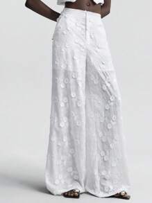 Ontre 2022 New Comfortable Casual Style 3D Floral Fabric White Women's Pants, Casual Comfortable Daily Wear, Spring, Beach/Holiday Bohemian Style, Summer Ins Influencer Same Style, Exotic Atmosphere, Country Music Festival, Western Style, High-Quality Comfortable Fabric