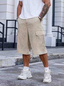 Manfinity Homme Men's Solid Color Casual Loose Multi-Pocket Denim Shorts - Apricot - View 1