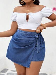 SHEIN ICON Plus Size Dark Blue Denim Shorts,Casual Summer Fitted Patchwork Shorts For Women,Hiking Vacation,Western Country,Rave Festival,Old Money Style,Rodeo - Blue - View 4