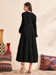 SHEIN 孕妇泡泡袖提花腰部修身喇叭连衣裙，粉色 - 黑色 - 查看 2
